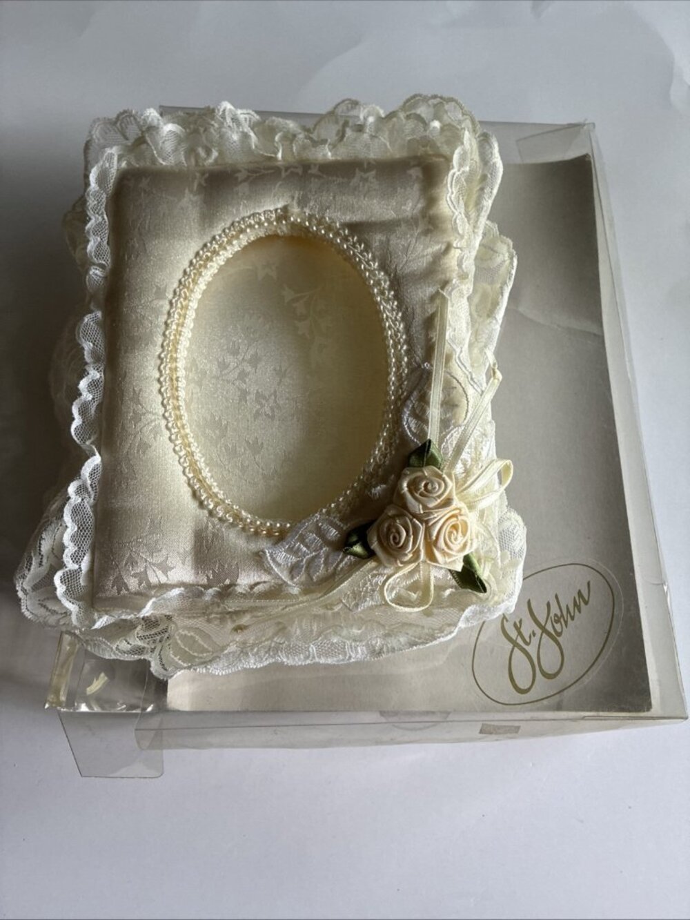 St. John Cream Lace Padded Oval Photo Frame Wedding Baby Shower St. John Vintage
